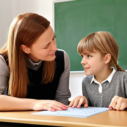 **

A dedicated special education teacher, Frau Schmidt, working one-on-one with a young student struggling with math. Warm, supportive atmosphere. Individualized learning plan visible on the table. Focus on building confidence and academic success. Realistic, heartwarming illustration style. Background: A typical German classroom setting.

**