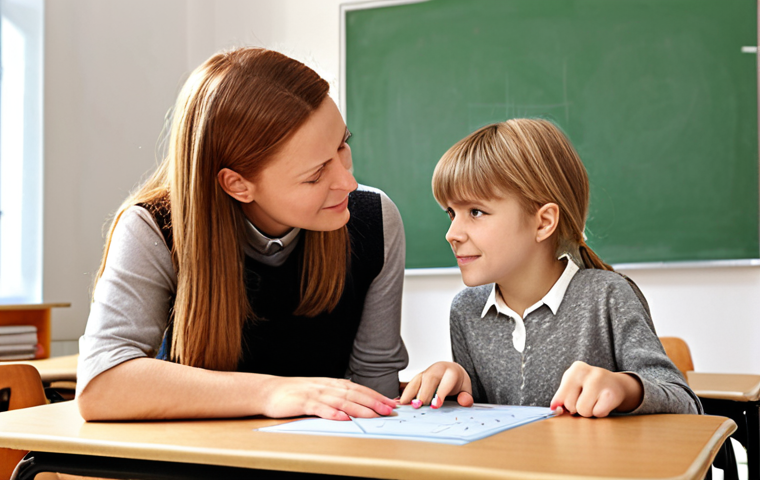 **

A dedicated special education teacher, Frau Schmidt, working one-on-one with a young student struggling with math. Warm, supportive atmosphere. Individualized learning plan visible on the table. Focus on building confidence and academic success. Realistic, heartwarming illustration style. Background: A typical German classroom setting.

**