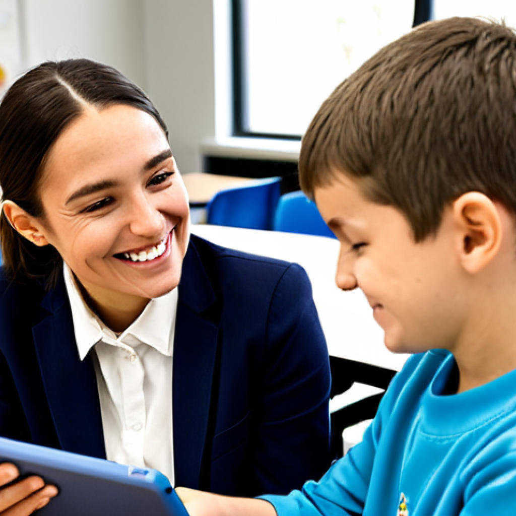 **

"A dedicated Sonderpädagogik (special education) teacher, fully clothed in professional attire, assisting a young student with an adaptive learning program on a tablet in a bright, modern classroom.  The student is smiling and engaged.  Background shows inclusive classroom setting with diverse students participating in various activities. Safe for work, appropriate content, perfect anatomy, natural pose, family-friendly, high quality, professional photography."

**