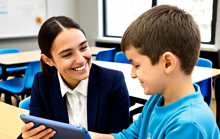 **

"A dedicated Sonderpädagogik (special education) teacher, fully clothed in professional attire, assisting a young student with an adaptive learning program on a tablet in a bright, modern classroom.  The student is smiling and engaged.  Background shows inclusive classroom setting with diverse students participating in various activities. Safe for work, appropriate content, perfect anatomy, natural pose, family-friendly, high quality, professional photography."

**