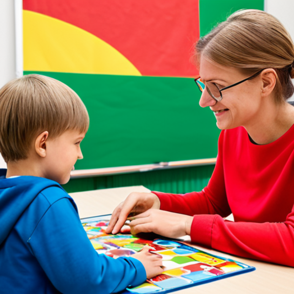 **

"A dedicated Sonderpädagogin (special education teacher) working with a young student at a brightly lit desk, fully clothed, appropriate attire, the student engaged with a colorful Gedächtnisförderung (memory enhancement) game featuring German landmarks like the Brandenburger Tor, safe for work, professional setting, perfect anatomy, natural proportions, warm and encouraging atmosphere, family-friendly, high-quality rendering."

**