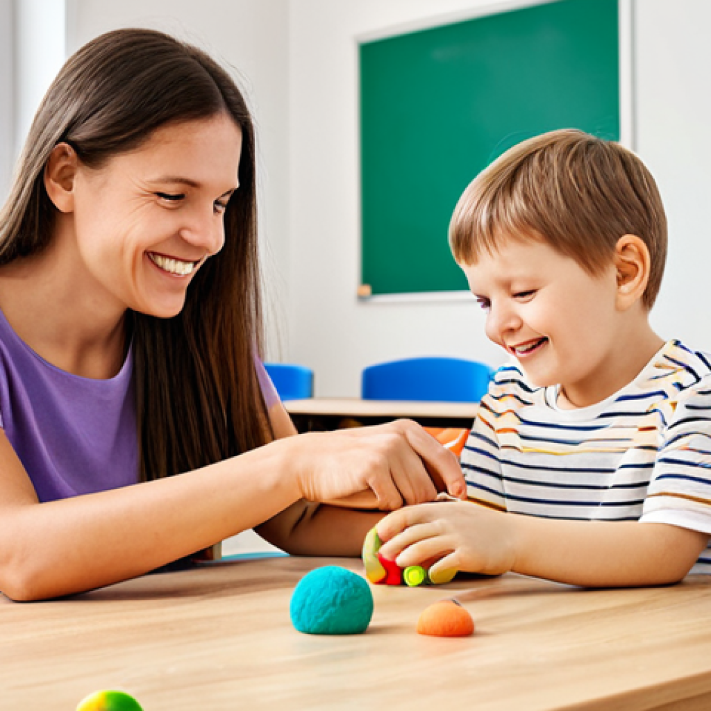 **

"A bright and inviting classroom in Germany. A young child, fully clothed and wearing comfortable clothes, is engaging in a sensory activity with a therapist.  The child is using playdough at a table. The therapist is smiling and guiding the child. The classroom includes sensory tools like textured balls and calming music playing softly in the background.  Natural light streams in. Safe for work, appropriate content, fully clothed, professional, family-friendly. Perfect anatomy, correct proportions, natural pose, well-formed hands, proper finger count, natural body proportions, high resolution, detailed, educational setting."

**