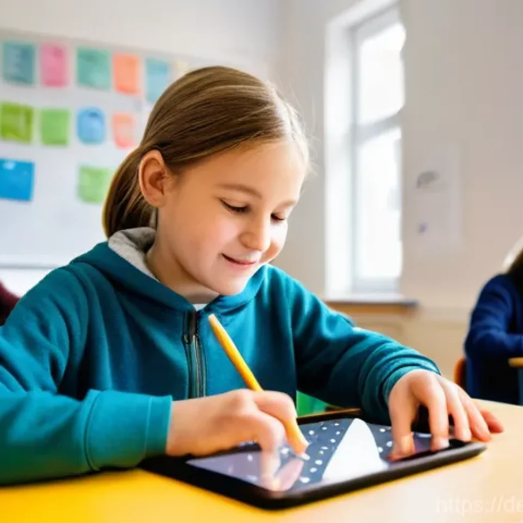 시각장애 학생 교육 - **Prompt:** A bright, modern, and inclusive primary school classroom in Germany. Children aged 8-10 ...
