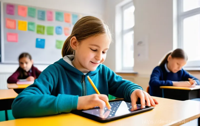 시각장애 학생 교육 - **Prompt:** A bright, modern, and inclusive primary school classroom in Germany. Children aged 8-10 ...