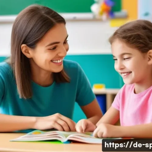 Home 33 특수교육 교사의 역할 - **Prompt:** A warm, brightly lit classroom scene. A kind female special educator, mid-30s, with a ge...