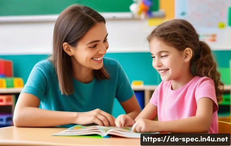특수교육 교사의 역할 - **Prompt:** A warm, brightly lit classroom scene. A kind female special educator, mid-30s, with a ge...