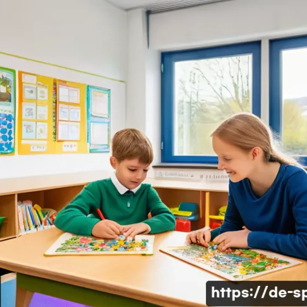 특수교육과 전환 교육 - **Inclusive German Primary School Classroom Scene**
    A vibrant, wide-angle, photorealistic shot o...