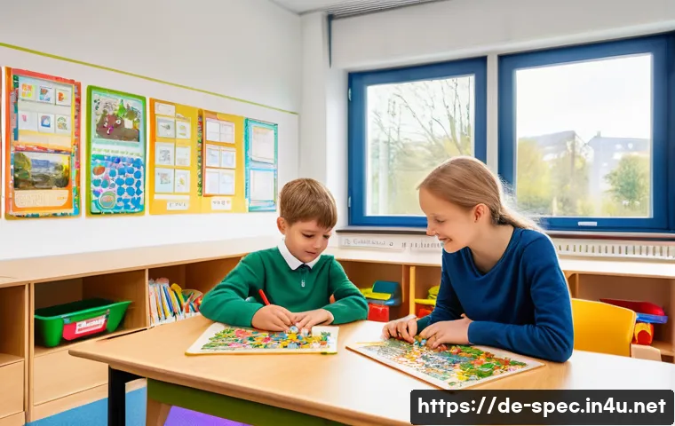 특수교육과 전환 교육 - **Inclusive German Primary School Classroom Scene**
    A vibrant, wide-angle, photorealistic shot o...