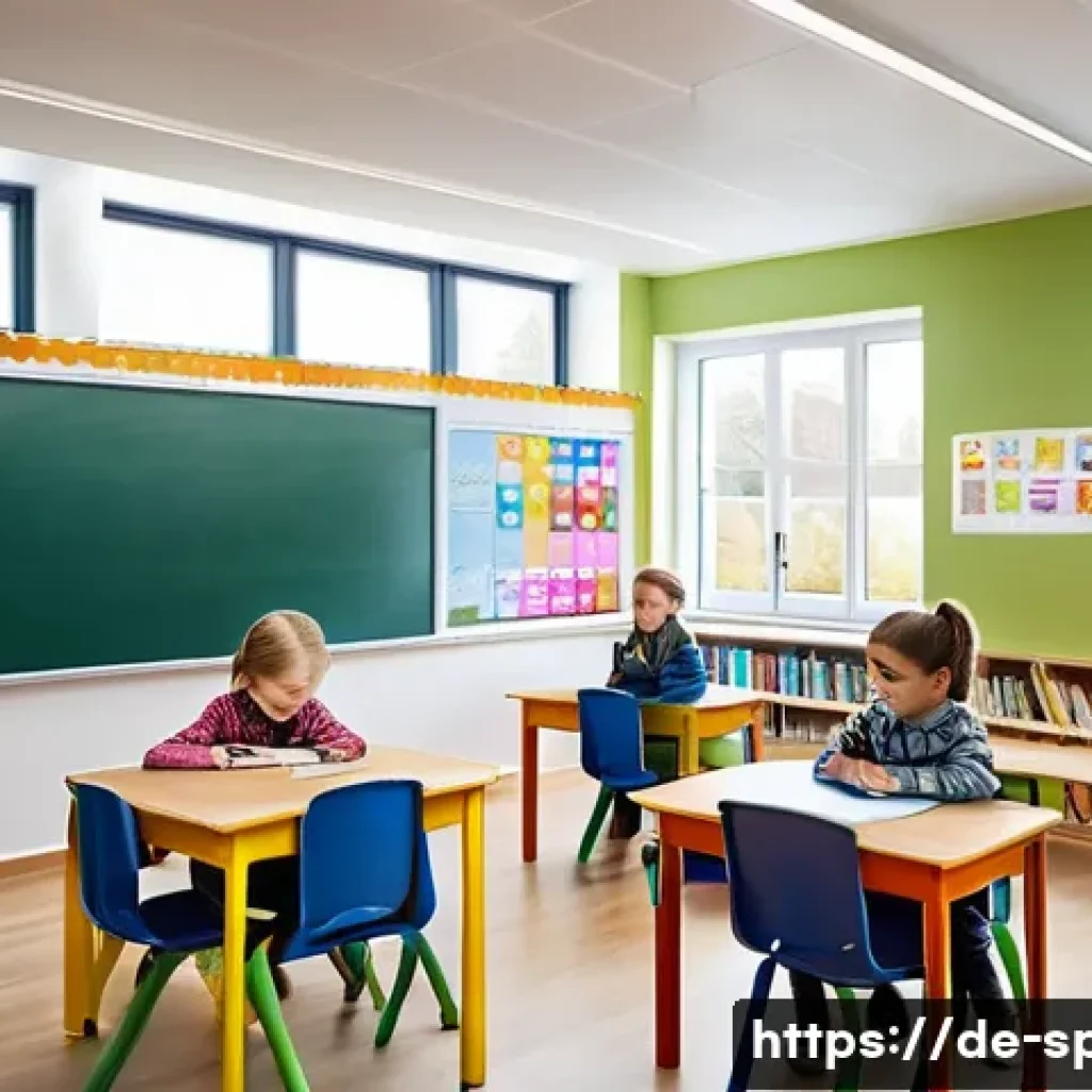 자폐 스펙트럼 장애 교육 - A warm and inclusive classroom scene in a modern German elementary school, featuring a diverse group...