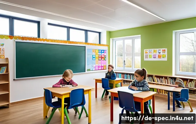자폐 스펙트럼 장애 교육 - A warm and inclusive classroom scene in a modern German elementary school, featuring a diverse group...