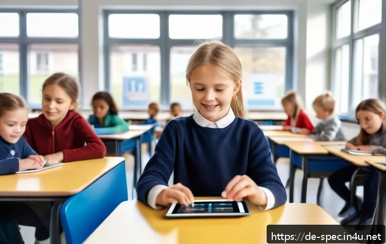 특수교육과 특수교육 평가 방법 - A modern classroom setting in Germany featuring a special education teacher using a tablet with adap...