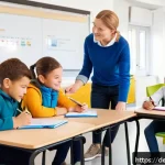 특수교육 평가 방법 - A bright, modern inclusive classroom scene in Germany, showing a diverse group of children aged arou...