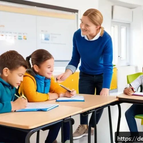 특수교육 평가 방법 - A bright, modern inclusive classroom scene in Germany, showing a diverse group of children aged arou...