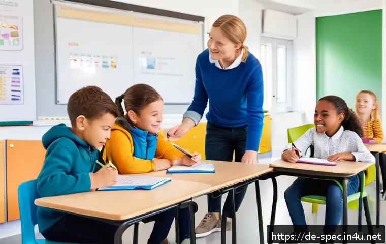 특수교육 평가 방법 - A bright, modern inclusive classroom scene in Germany, showing a diverse group of children aged arou...