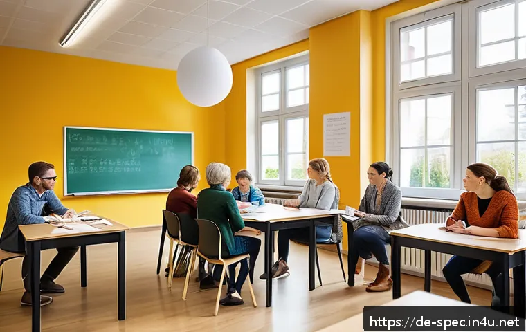 특수교육과 협력 학습 - A warm and inviting classroom scene in a modern German school, featuring a diverse group of teachers...