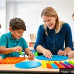 특수교육과 감각 학습 - A vibrant inclusive classroom scene in a modern German school setting, showing diverse children enga...