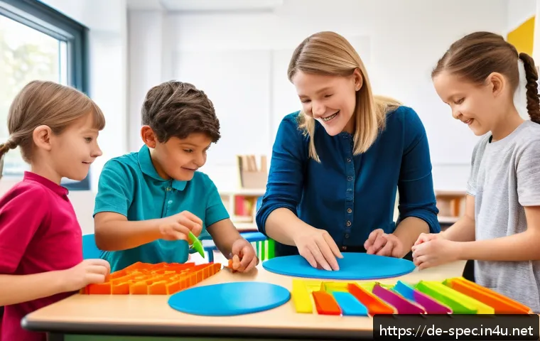 특수교육과 감각 학습 - A vibrant inclusive classroom scene in a modern German school setting, showing diverse children enga...