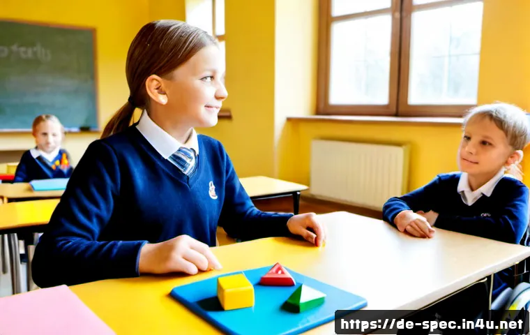 Home 17 특수교육과 차별 없는 교육 시스템 - Photorealistic inclusive primary school classroom in Germany, a teacher warmly guiding a diverse gro...