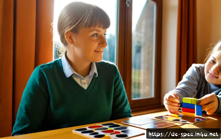 특수교육과 문해교육 - Photorealistic inclusive primary classroom in Germany, caring special education teacher seated besid...