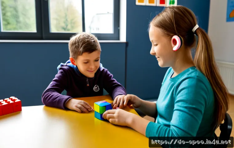 특수교육과 특수교육 통계 - Photorealistic inclusive special education classroom in Germany, a compassionate teacher assisting a...